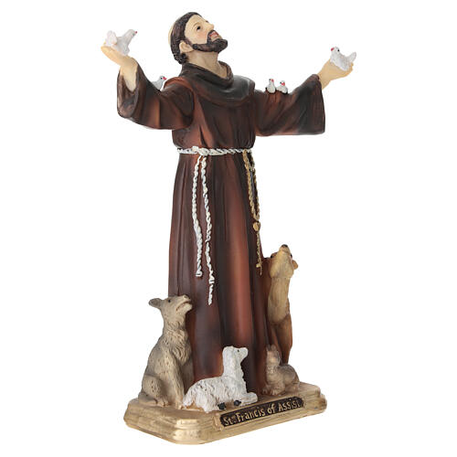 St. Francis of Assisi surrounded by animals, painted resin, 8 in 6