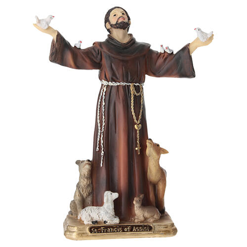 Statua San Francesco d'Assisi circondato da animali 20 cm resina colorata 1