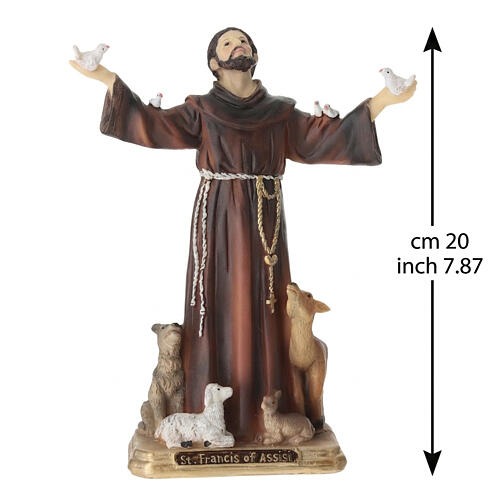 Estátua São Francisco de Assis rodeado por animais resina pintada 20 cm 3
