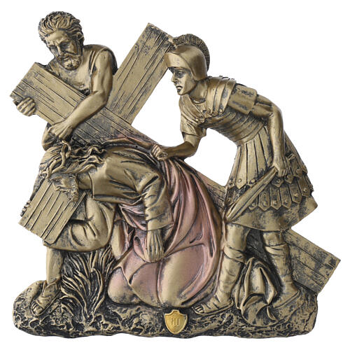 Way of the Cross plaques, 15 stations, bronze-finished resin, 10 in 5