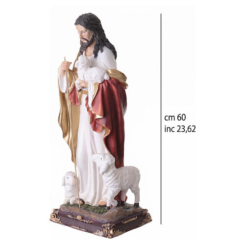 Estatua resina pintada Cristo Buen Pastor 60 cm báculo de metal 3