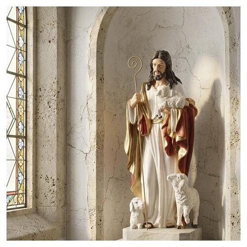 Jésus Bon Pasteur statue en résine peinte 60 cm, crosse pastorale en métal 2