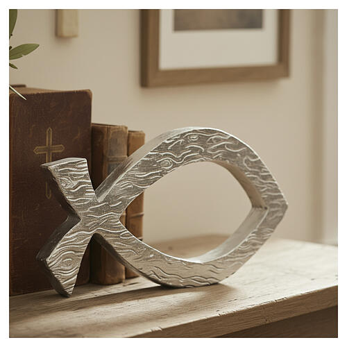Ichthys, symbol ryby chrześcijańskiej z żywicy, chromowany srebrny, 10×20 cm 3