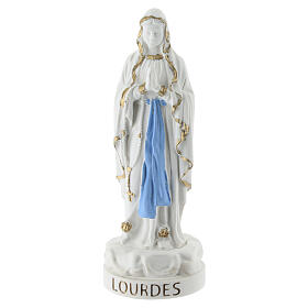 Statua Madonna Lourdes resina bianca dettagli oro azzurro 10 cm