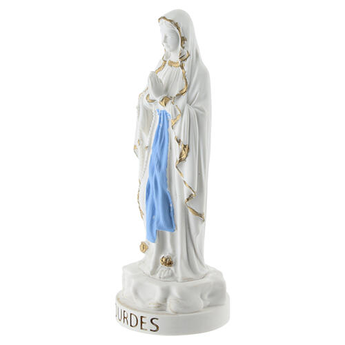 Our Lady of Lourdes statue in white resin with gold and blue details, 10 cm 2