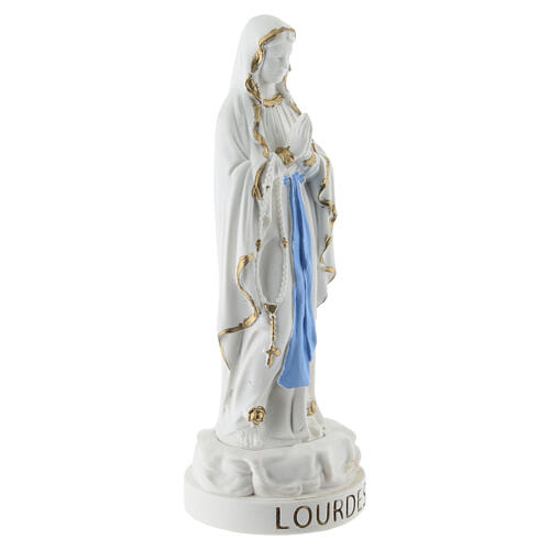 Our Lady of Lourdes statue in white resin with gold and blue details, 10 cm 3