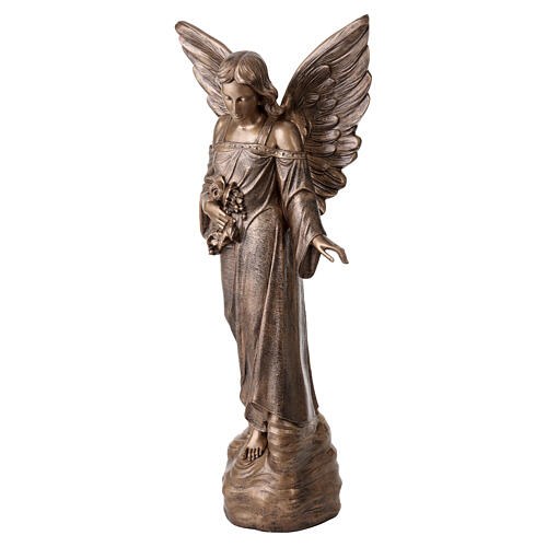 Estatua Ángel con flores 110 cm polvo de mármol de Carrara bronceada 5