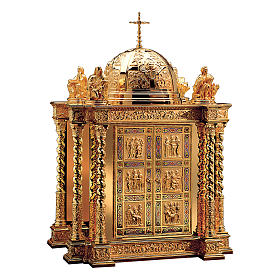Tabernacle baroque style in golden brass and copper Life of Christ and Evangelists, Molina 85x60x42 cm