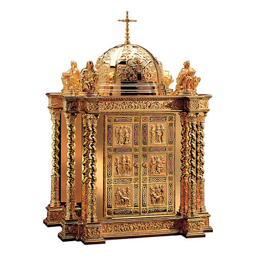 Tabernacle baroque style in golden brass and copper Life of Christ and Evangelists, Molina 85x60x42 cm 1
