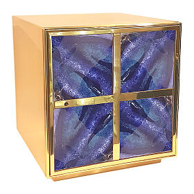Tabernakel aus vergoldetem Messing mit Emailarbeit in Blau-Tönen, Strahlenmuster, 30x30x30 cm