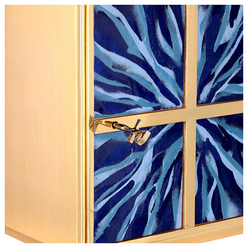 Tabernakel aus vergoldetem Messing mit Emailarbeit in Blau-Tönen, Strahlenmuster, 30x30x30 cm 3