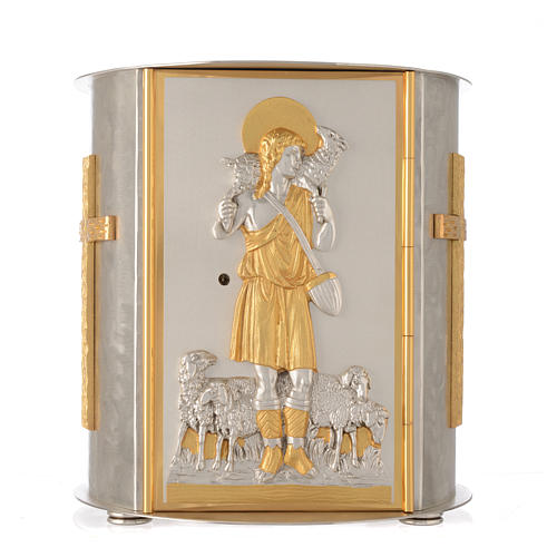 Tabernacolo da mensa tondo Buon Pastore ottone dorato 1