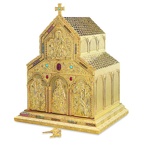 Molina tabernacle with German Romanesque style design and enamel decorations 23x15x14.5 in 1