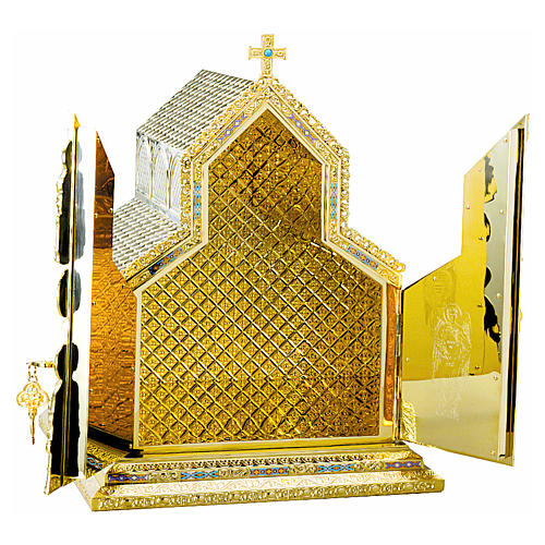 Molina tabernacle with German Romanesque style design and enamel decorations 23x15x14.5 in 2