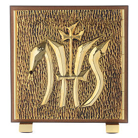 Altar Tabernakel Holz und Messing IHS Schrift