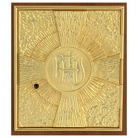 Altartabernakel aus dunklem Massivholz mit IHS-Symbol