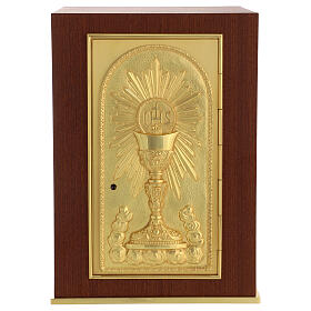 Altartabernakel aus Mahagoniholz mit IHS-Kelchsymbol auf der Tür