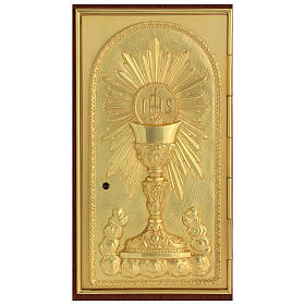 Tabernáculo de mesa de madera caoba con puerta IHS cáliz
