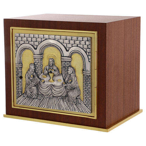 Altar tabernacle in dark solid wood with golden brass door, Supper at Emmaus 3