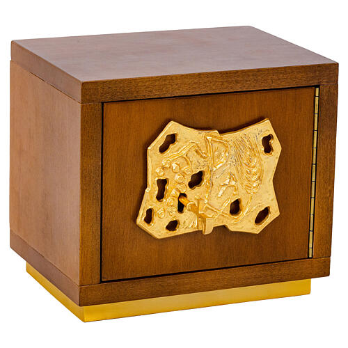 Wooden tabernacle with gold cast Chi-Rho symbol, srapes and wheat, 10x8x8 in 1