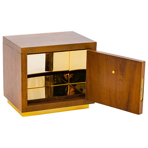 Wooden tabernacle with gold cast Chi-Rho symbol, srapes and wheat, 10x8x8 in 3