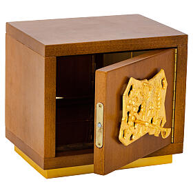 Tabernáculo madeira símbolo moldado dourado Chi-Rho uva e espigas 25x20x20 cm