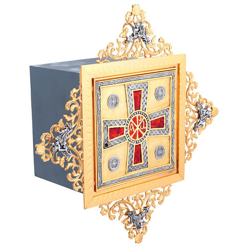 Wall tabernacle in brass with cross image, Chi-Rho, Alpha and Omega 7