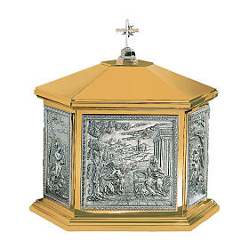 Brass bicolour tabernacle by Molina with Annunciation scene, 22x24x16 in, 24k gold interior