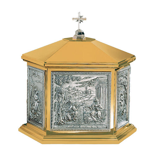 Tabernacolo ottone bicolore 55x60x40 cm scena annunciazione interno oro 24K Molina 1