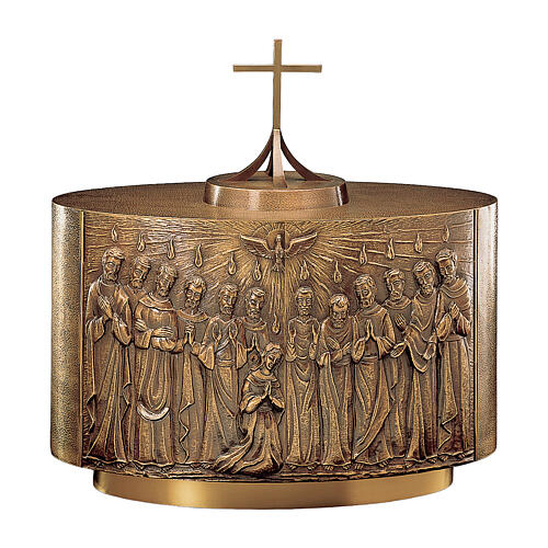 Oval brass tabernacle by Molina with Apostles, Virgin Mary, and Holy Spirit, 16x24x14 in 1