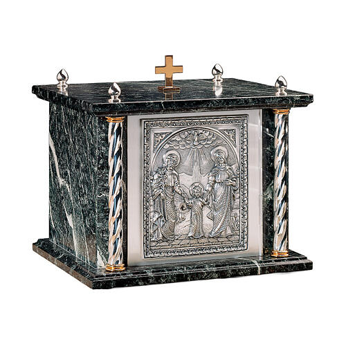 Molina tabernacle in silver-plated brass and shiny green marble, Holy Family bas-relief, 12x14x12 in 1