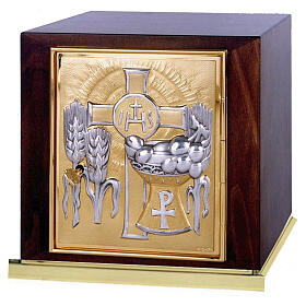 Altar tabernacle, wood with brass base, decorated with ears of corn, chalice and grapes, 11x10x10 in