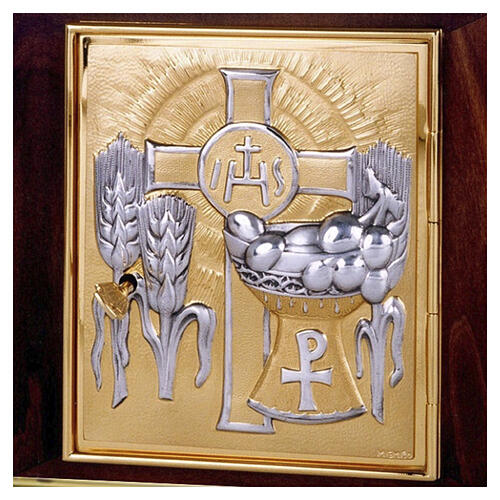 Altar tabernacle,  wood with brass base, decorated with ears of corn, chalice and grapes, 11x10x10 in 3