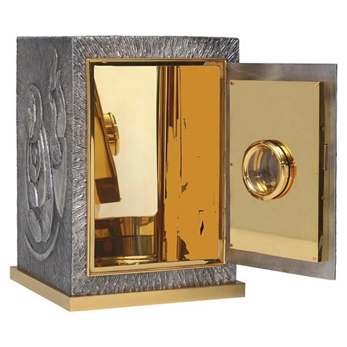 Altar tabernacle in bicolour brass with Bread and Fish decoration, 18x12x12 in 4