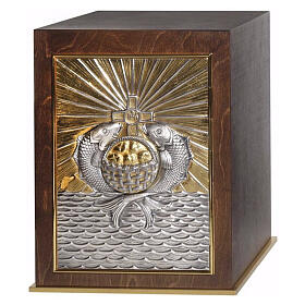 Mahogany wood tabernacle with loaves and fishes, two-tone panel, 18x14x14 in