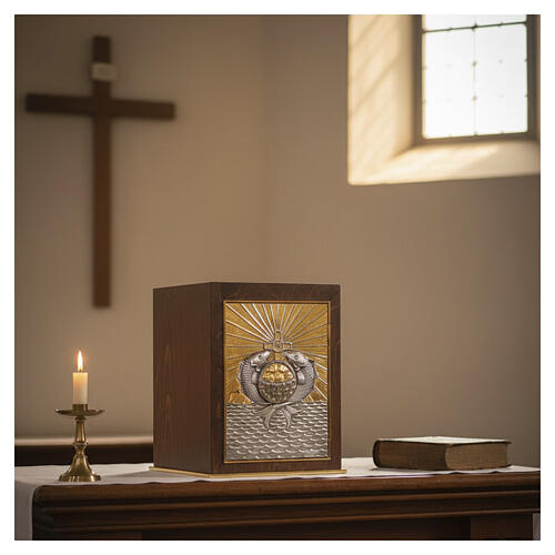 Mahogany wood tabernacle with loaves and fishes, two-tone panel, 18x14x14 in 2