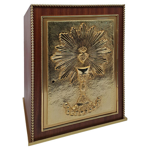 Altar tabernacle in mahogany with spherical gilded brass front frame, chalice and Sacred Heart, 18x14x14 in 3