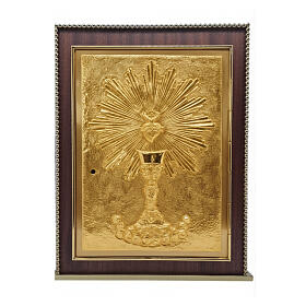 Sacrário para altar em mogno com moldura frontal esférica cálice e Sagrado Coração 45x35x35 cm