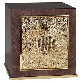 Mahogany tabernacle with gilded door and IHS symbols, 11x10x10 in