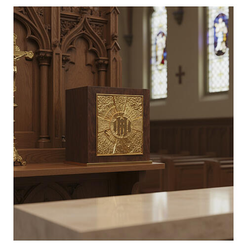 Mahogany wood tabernacle with gilded brass door and IHS decoration, 28x25x25 cm 2