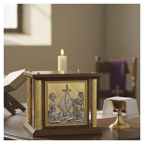 Mahogany tabernacle with gilded brass columns and Lake Tiberias motif, 12x14x14 in 2