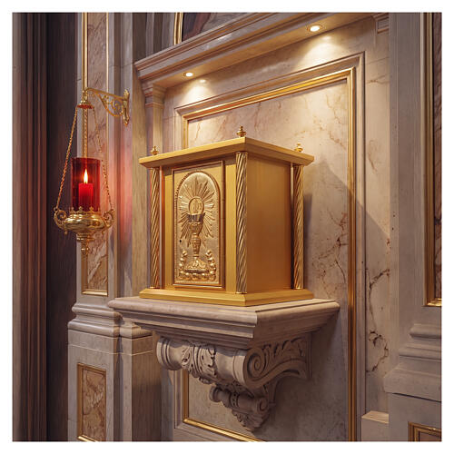 Gold-finished wood tabernacle with chalice and IHS host decoration and gilded brass door and columns, 50x40x40 cm 2