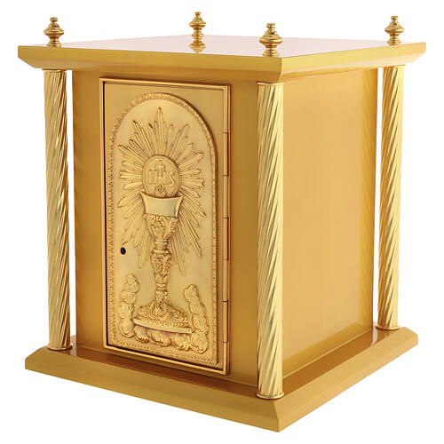 Gold-finished wood tabernacle with chalice and IHS host decoration and gilded brass door and columns, 50x40x40 cm 4