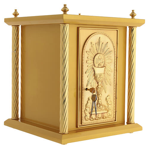 Gold-finished wood tabernacle with chalice and IHS host decoration and gilded brass door and columns, 50x40x40 cm 7