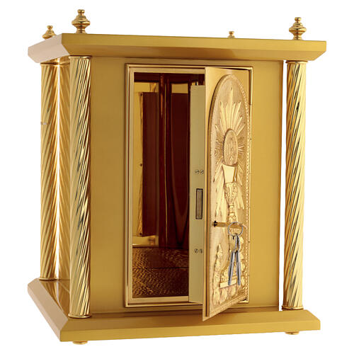 Gold-finished wood tabernacle with chalice and IHS host decoration and gilded brass door and columns, 50x40x40 cm 9