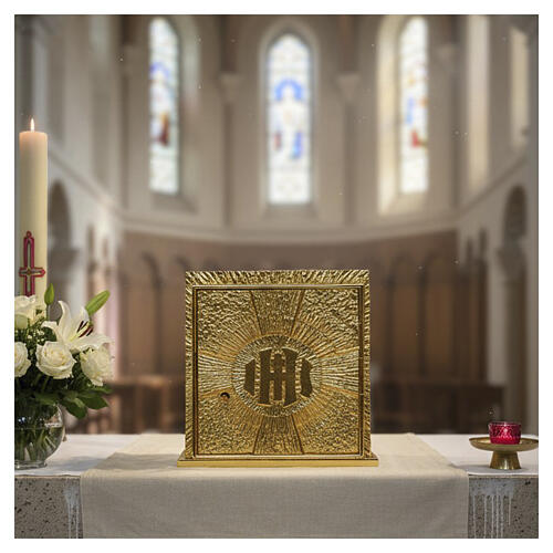 Gold-finished brass altar tabernacle with IHS emblem and rays, 10x8x10 in 2