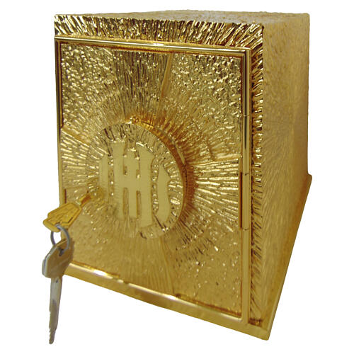 Tabernacle d'autel en bronze doré, symbole IHS avec rayons 25x21x25 cm 4