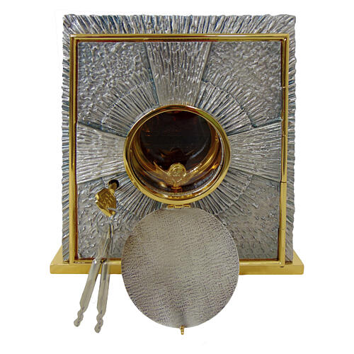 Tabernacle d'autel en bronze argenté avec bordures et lettres dorées IHS 50x40x40 cm 3