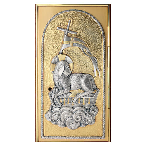 Altartabernakel Agnus Dei aus Mahagoniholz mit zweifarbigem Türmotiv 40x30x30 cm 3