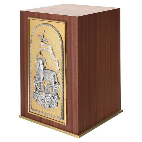 Altartabernakel Agnus Dei aus Mahagoniholz mit zweifarbigem Türmotiv 40x30x30 cm 6